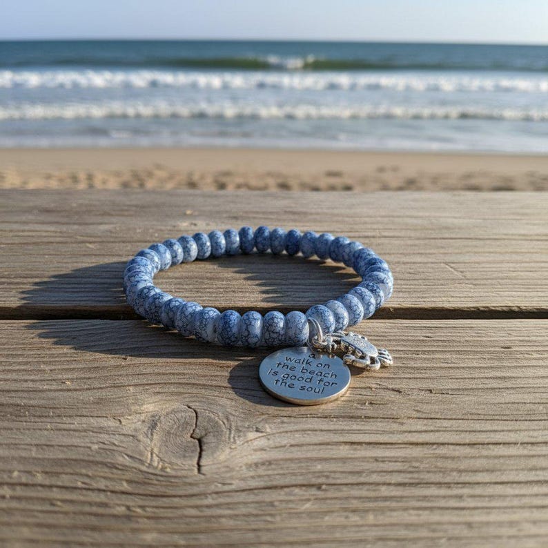 A Walk on the Beach is Good for the Soul Beaded Stretch Bracelet - - LadybugfeetDesigns -
