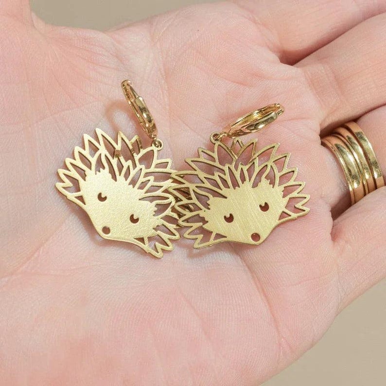Hedgehog Hoop Charm Earrings, Gold -15mm - - LadybugfeetDesigns -