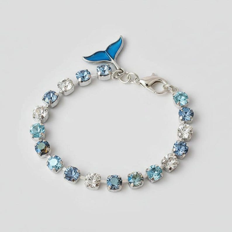 Whale/Dolphin Tail Faceted Crystal Bracelet, Silver - - LadybugfeetDesigns -