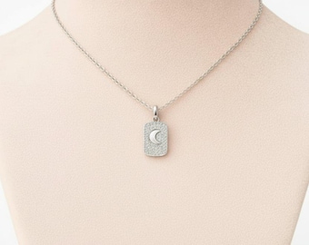 CZ Crescent Moon Tag Necklace, Silver - 20 inch