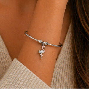Flamingo Euro Bangle Cuff, Silver - - LadybugfeetDesigns -