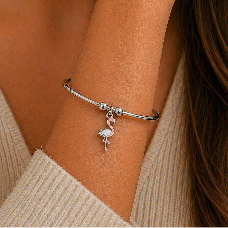 Flamingo Euro Bangle Cuff, Silver - - LadybugfeetDesigns -