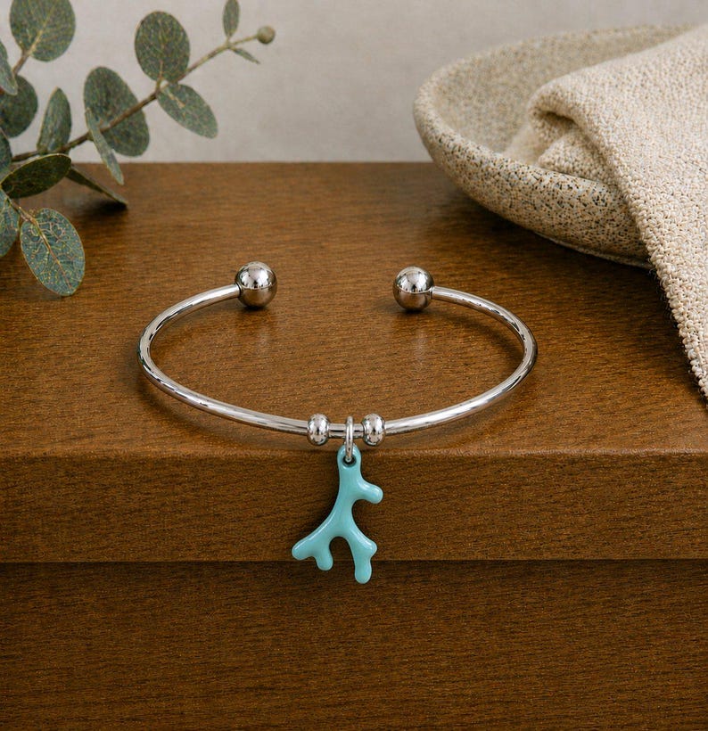 Aqua Blue Coral Euro Bangle Cuff, Silver - - LadybugfeetDesigns -