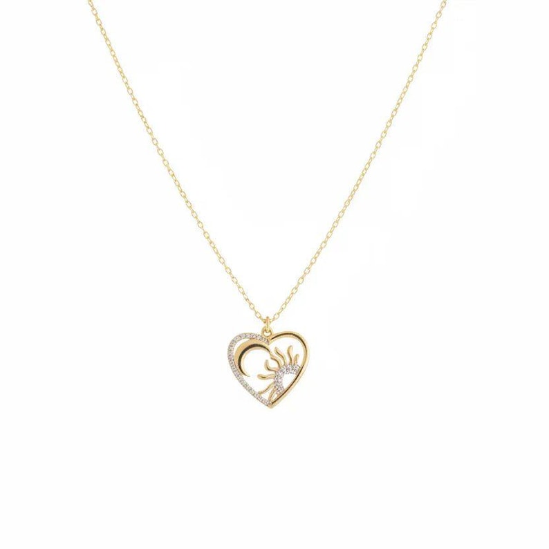 Sun Moon Heart necklace, Gold - 20 inch - - LadybugfeetDesigns -