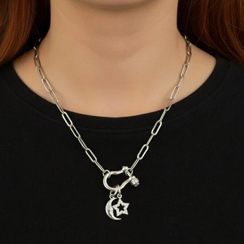 Celestial Moon CZ Star Shackle Clasp Carabiner Necklace, Silver - 20 inch - - LadybugfeetDesigns -
