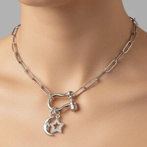 Celestial Moon CZ Star Shackle Clasp Carabiner Necklace, Silver - 20 inch - - LadybugfeetDesigns -