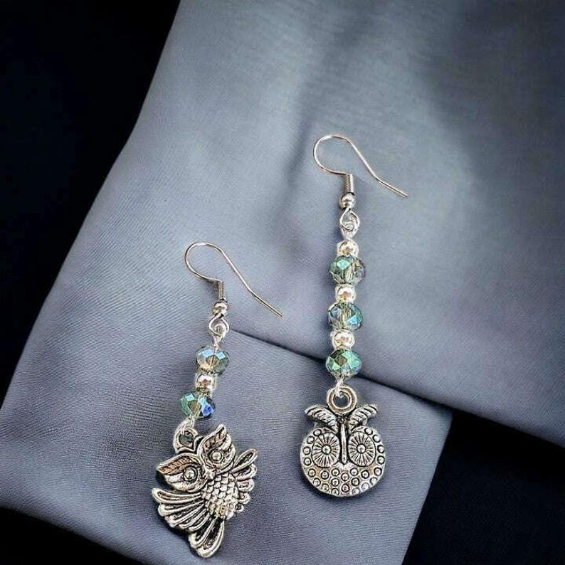 Mismatched Owl crystal hook earrings - - LadybugfeetDesigns -