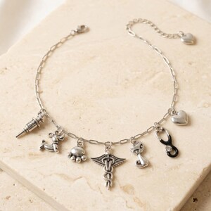 Veterinary Multi Charm Link Necklace, Silver - 20 inch - - LadybugfeetDesigns -