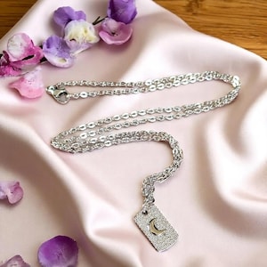 CZ Crescent Moon Tag Necklace, Silver - 20 inch - - LadybugfeetDesigns -