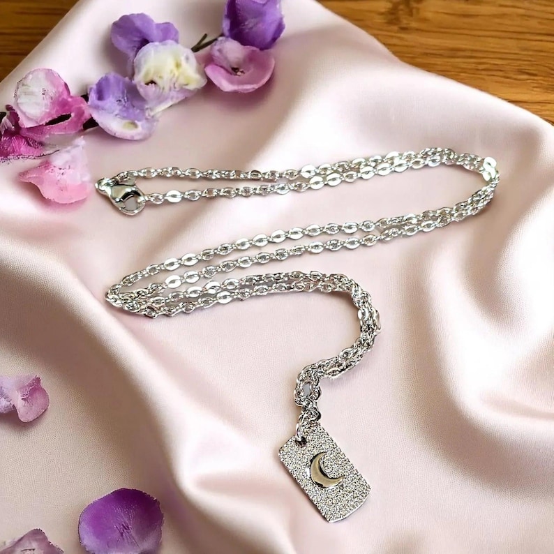 CZ Crescent Moon Tag Necklace, Silver - 20 inch - - LadybugfeetDesigns -