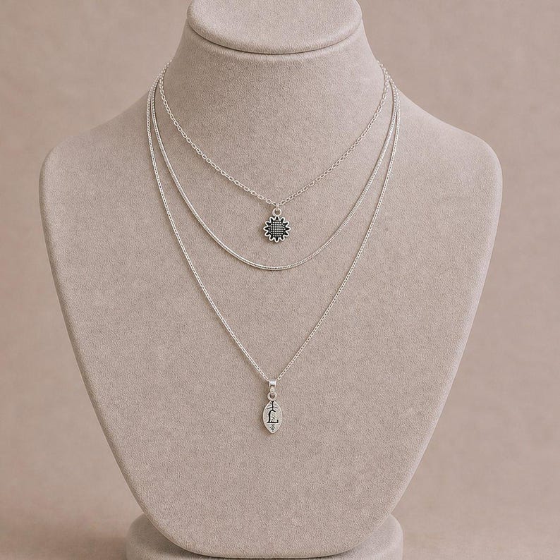 Sunflower Initial Leaf Layered Necklace Set, Silver - - LadybugfeetDesigns -