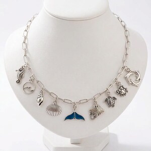 Ocean Lover Multi Charm Link Necklace, Silver - 20 inch - - LadybugfeetDesigns -