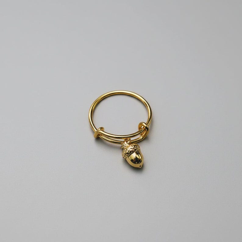 Tiny Acorn Expandable Charm Ring - Gold - - LadybugfeetDesigns -