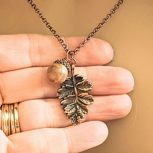 Acorn Oak Leaf Necklace, Antique Copper - - LadybugfeetDesigns -