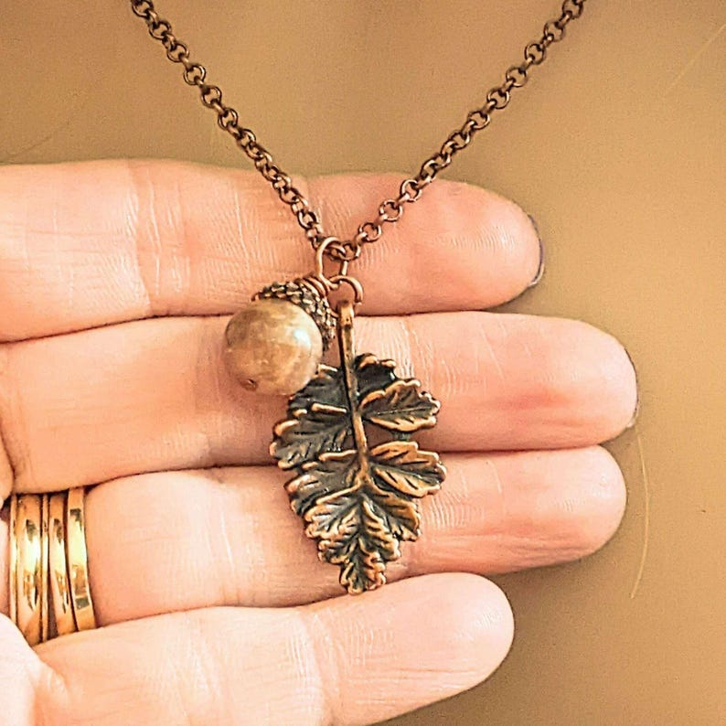 Acorn Oak Leaf Necklace, Antique Copper - - LadybugfeetDesigns -