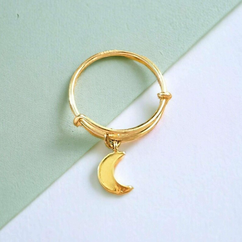 Crescent Moon Expandable Charm Ring - Gold - - LadybugfeetDesigns -