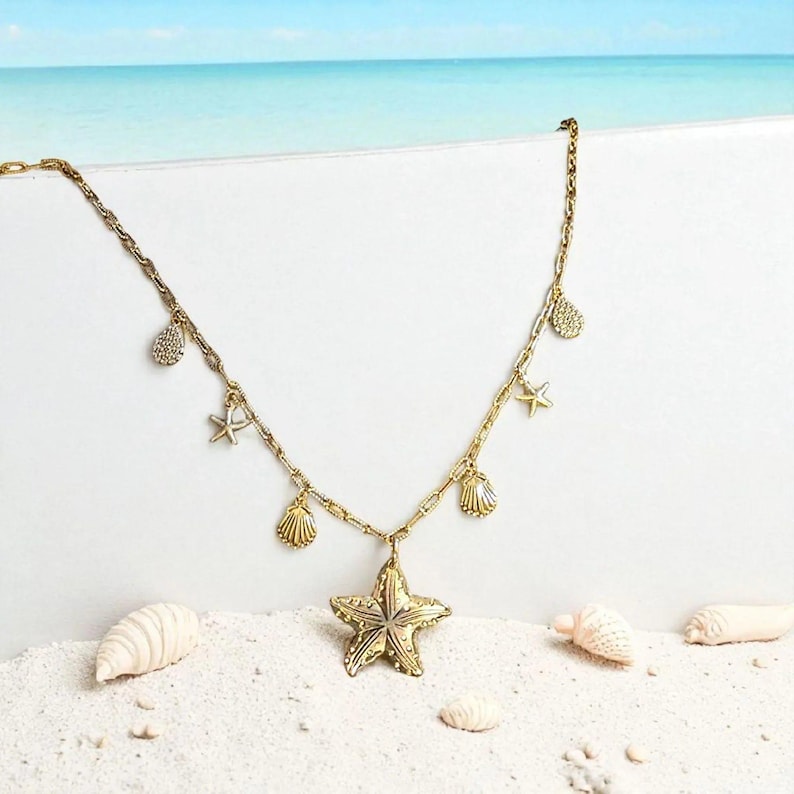 Beach Vibes Multi Charm Link Necklace, Gold- 20 inch - - LadybugfeetDesigns -