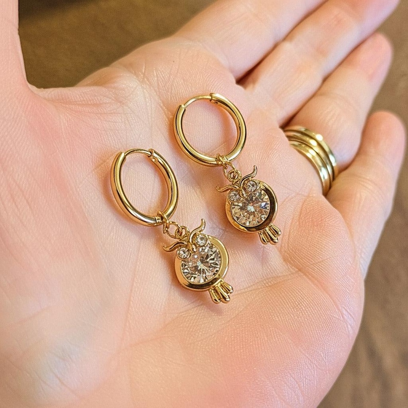 CZ Owl Hoop earrings, Gold -12mm - - LadybugfeetDesigns -
