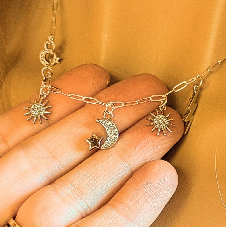 Celestial Multi Charm Link Necklace, .925 Sterling Silver - 20 inch - - LadybugfeetDesigns -