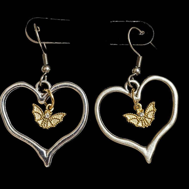 Two-Tone Bat Heart Earrings - - LadybugfeetDesigns -