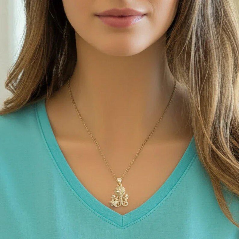 CZ Octopus necklace, Gold - 20 inch - - LadybugfeetDesigns -