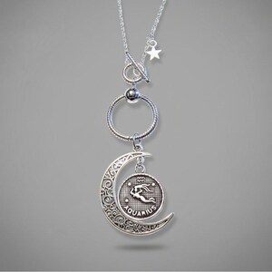 Crescent Moon Zodiac Sign Necklace, Silver - 20 inch - - LadybugfeetDesigns -