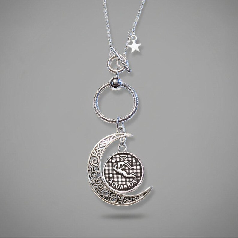 Crescent Moon Zodiac Sign Necklace, Silver - 20 inch - - LadybugfeetDesigns -