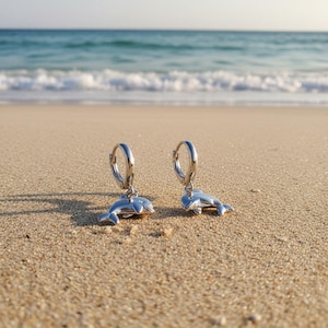 Dolphin Huggie Hoop earrings, Silver - 15mm - - LadybugfeetDesigns -