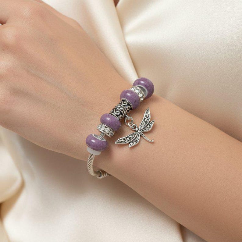 Lavender Beaded Dragonfly Euro Cuff Bangle, European Charm Bracelet - - LadybugfeetDesigns -