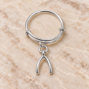 May include: A silver-toned adjustable ring featuring a smooth, polished finish. The band is composed of two thin, overlapping wires that slide to adjust the size. A small, Y-shaped wishbone charm hangs from a circular jump ring attached to the band.