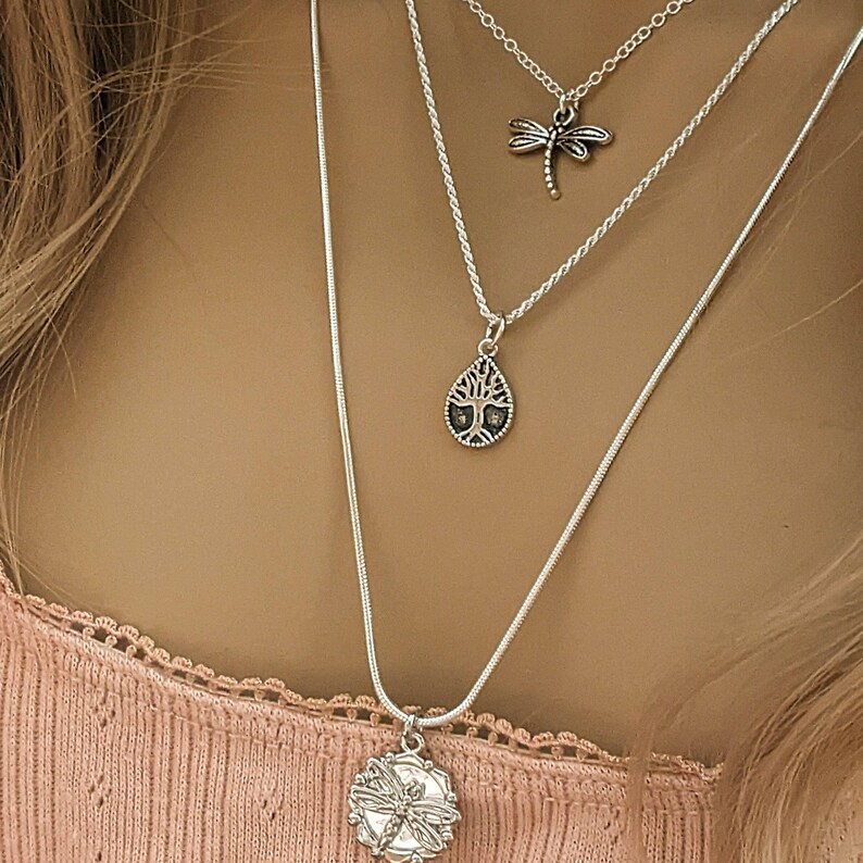 Dragonfly Layered Necklace Set, Silver - - LadybugfeetDesigns -