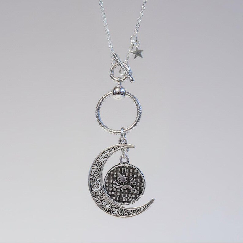 Crescent Moon Zodiac Sign Necklace, Silver - 20 inch - - LadybugfeetDesigns -