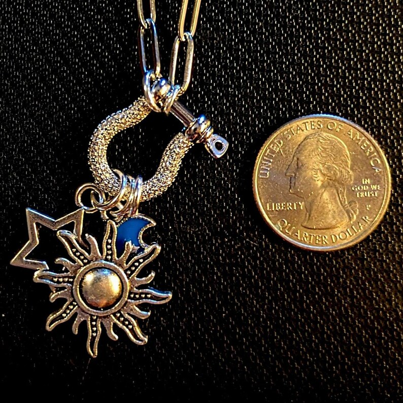 Fiery Sun, Blue Moon and Star Shackle Clasp Carabiner Necklace, Silver - 20 inch - - LadybugfeetDesigns -