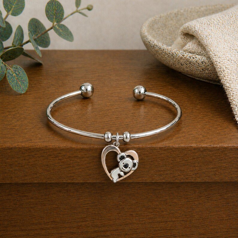 Koala Heart Euro Bangle Cuff, Silver - - LadybugfeetDesigns -