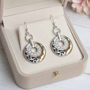 Two Tone Circle Filigree Rhinestone Dangle Earrings - - LadybugfeetDesigns -