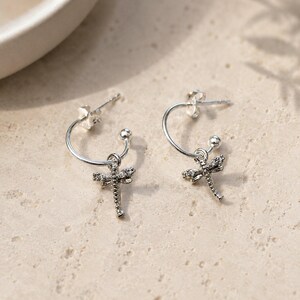 Tiny Dragonfly Mini Hoop Huggie Earrings, Silver- 12mm - - LadybugfeetDesigns -
