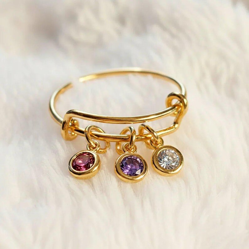 Mother's Birthstone Charm Ring, Adjustable, 14k Gold-Filled - - LadybugfeetDesigns -