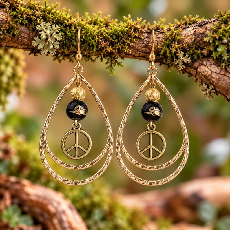 Boho Hammered Teardrop Peace Sign Bead Earrings, Gold - - LadybugfeetDesigns -