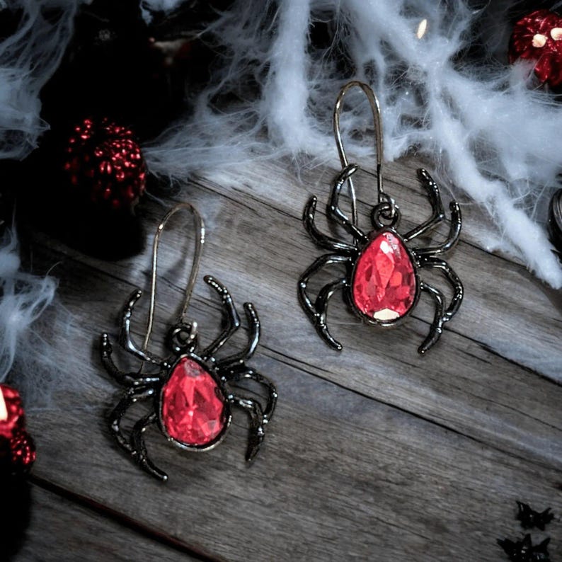 Red Crystal Spider Earrings - - LadybugfeetDesigns -