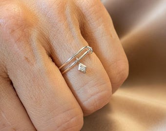 Tiny CZ Diamond Adjustable Charm Ring, Silver