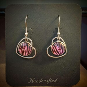 Pink Tiger Print Stainless Steel Heart hook earrings - - LadybugfeetDesigns -