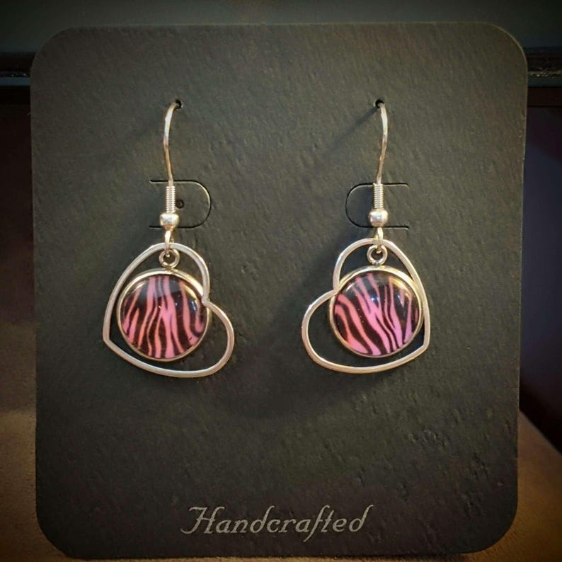 Pink Tiger Print Stainless Steel Heart hook earrings - - LadybugfeetDesigns -
