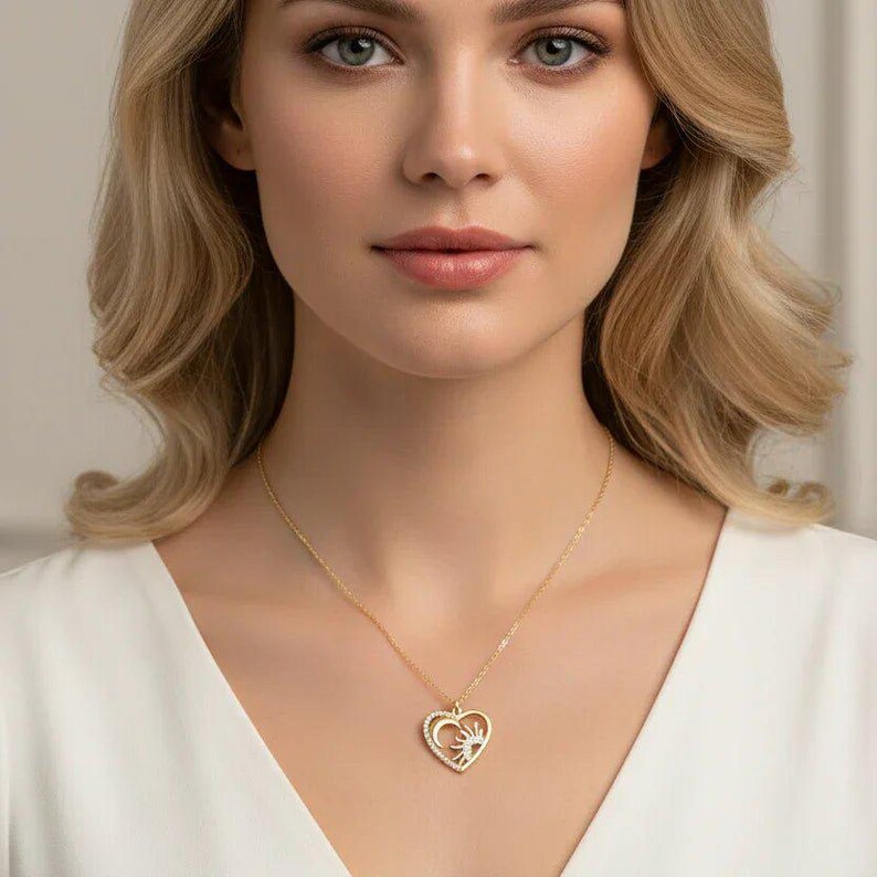Sun Moon Heart necklace, Gold - 20 inch - - LadybugfeetDesigns -