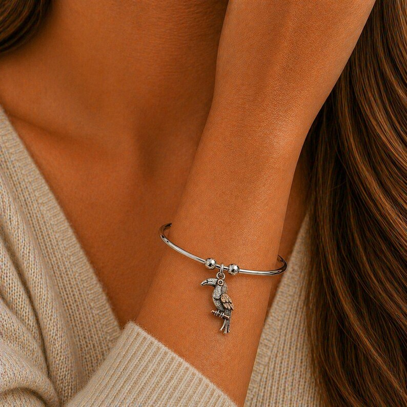 Toucan Euro Bangle Cuff, Silver - - LadybugfeetDesigns -