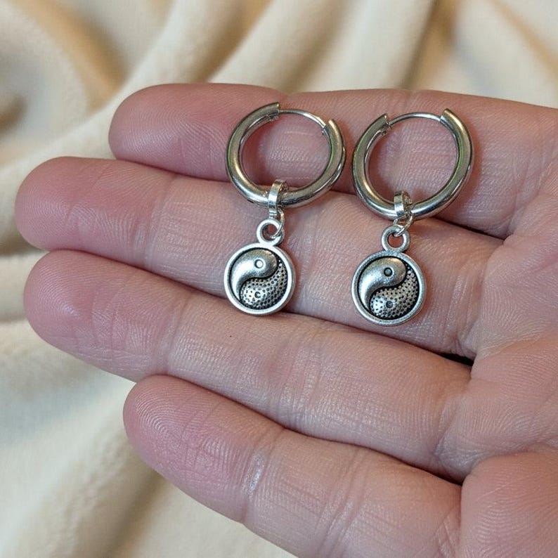 Yin Yang Huggie Hoop earrings, Silver - 12mm - - LadybugfeetDesigns -