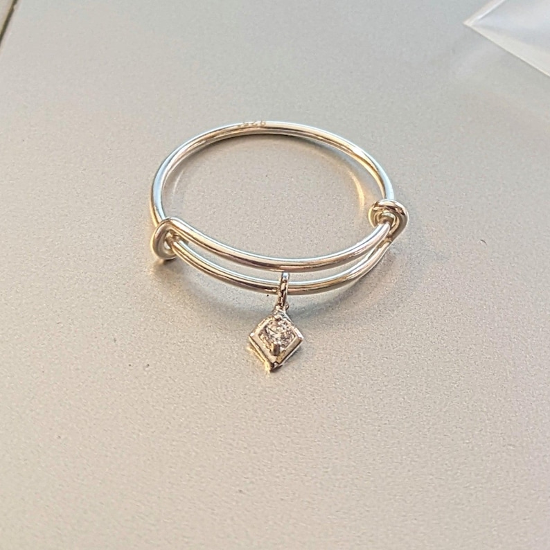 Tiny CZ Diamond Adjustable Charm Ring, Silver - - LadybugfeetDesigns -