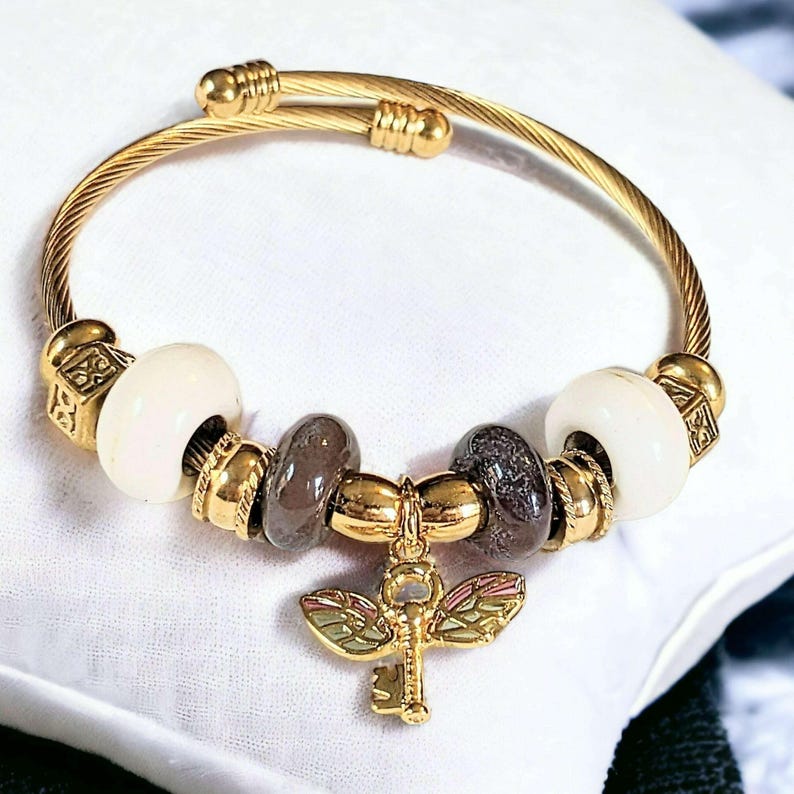 Winged Key Euro Cuff Wrap Bracelet, Gold - - LadybugfeetDesigns -