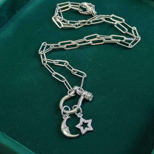 Celestial Moon CZ Star Shackle Clasp Carabiner Necklace, Silver - 20 inch - - LadybugfeetDesigns -