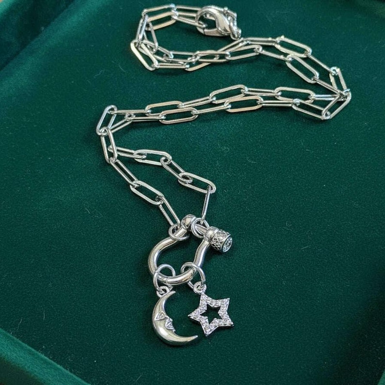 Celestial Moon CZ Star Shackle Clasp Carabiner Necklace, Silver - 20 inch - - LadybugfeetDesigns -
