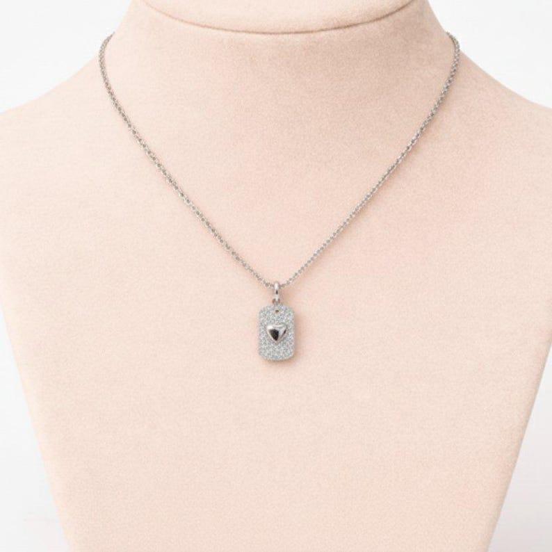 CZ Heart Tag Necklace, Silver - 20 inch - - LadybugfeetDesigns -